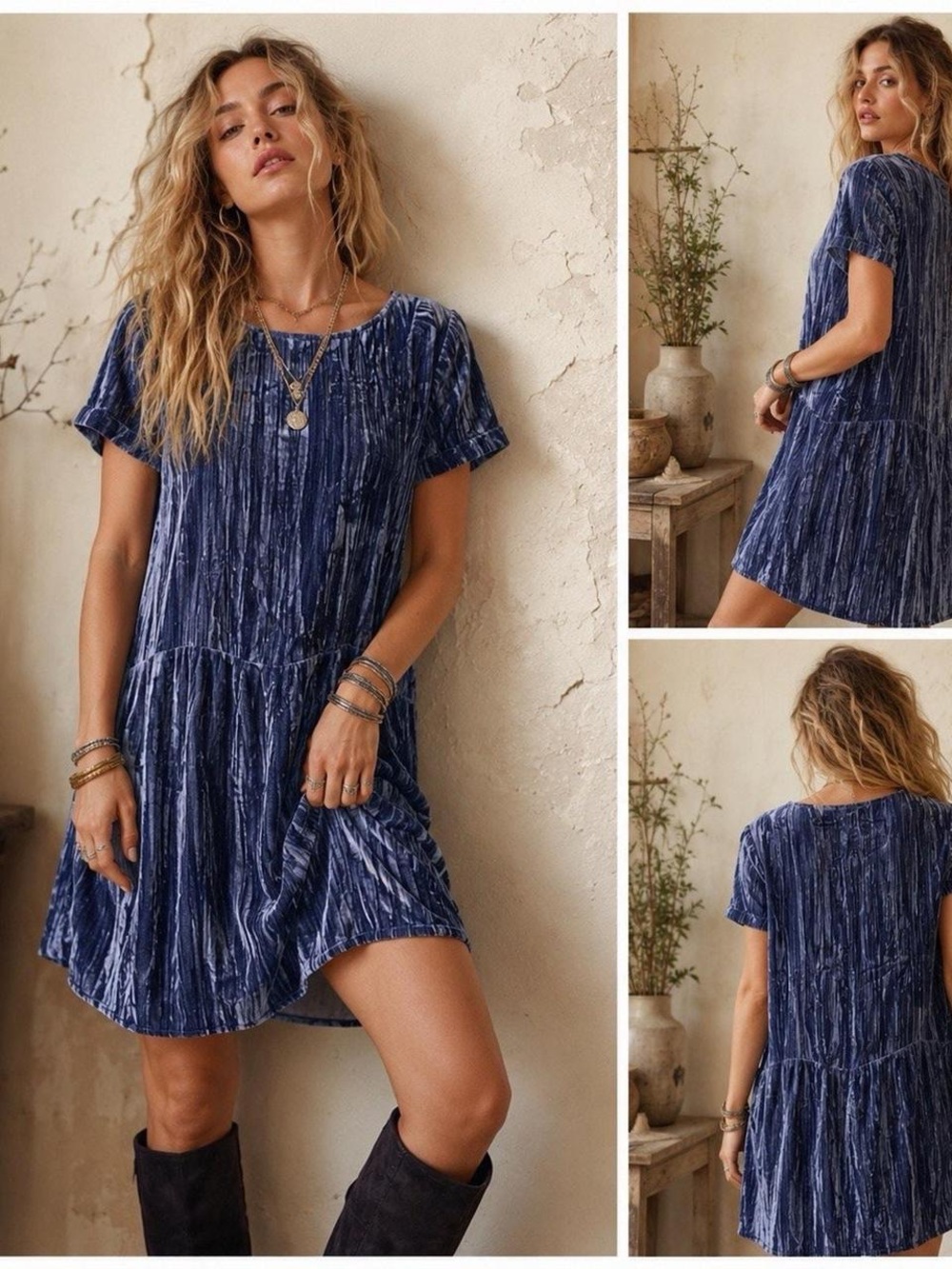 Anthropologie Floreat Crinkled Plush Velvet Dress in Navy Blue NWT